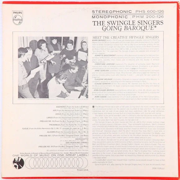 The Swingle Singers – Going Baroque - 1964 12" Vinyl LP Record PHS 600-126 - Picture 2 of 12